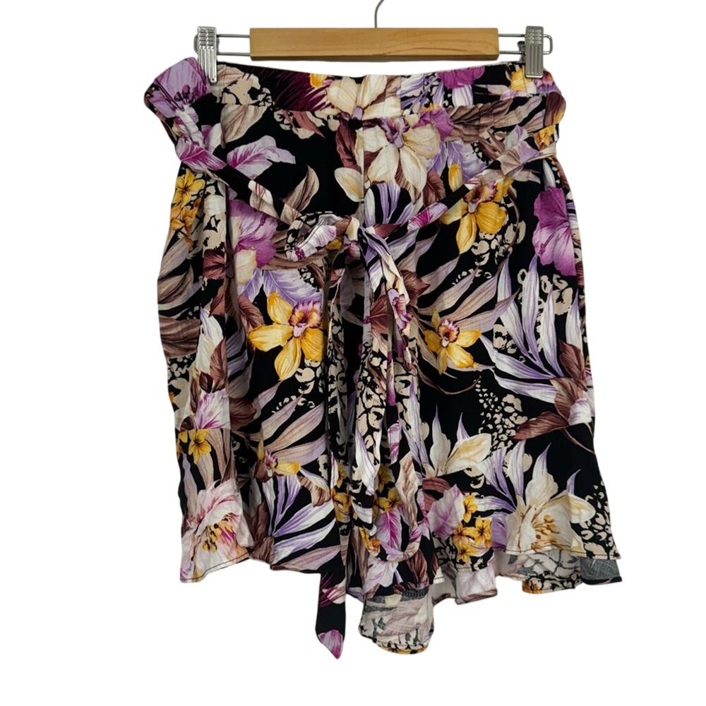 City Chic Black Pink Tropical Floral Dressy Shorts Womens 18 Tie Waist Flowy